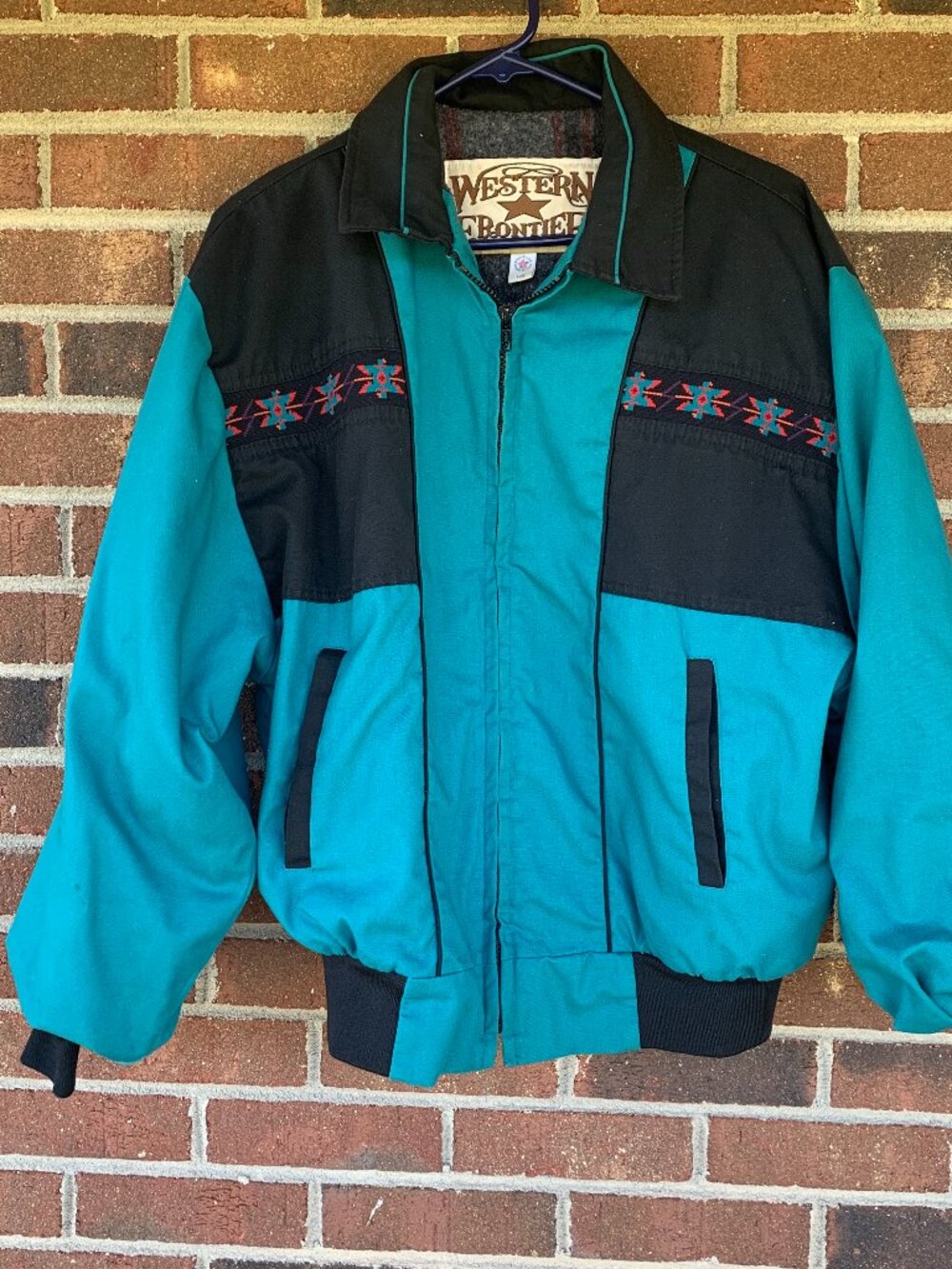 Vintage Western Frontier Bomber Jacket Turquoise &Black Southwest Aztec Pattern